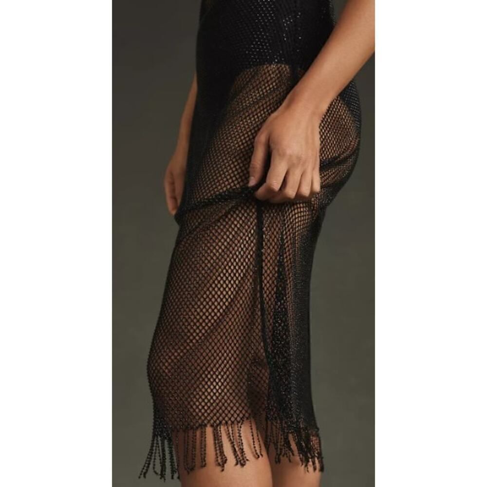 Anthropologie Black Mesh Fringe Midi Dress NWT Sz. S - Picture 3 of 8